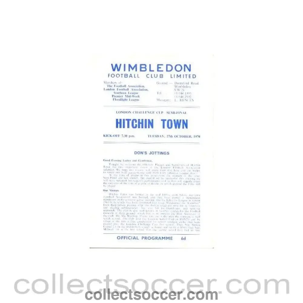 1970 - Wimbledon v Hitchin Town official programme 27/10/1970 - Collect Soccer