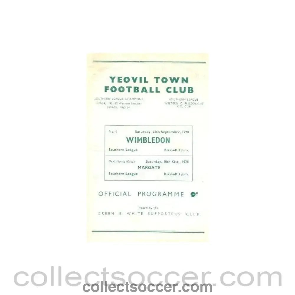 1970 - Yeovil Town v Wimbledon official programme 26/09/1970 - Collect Soccer