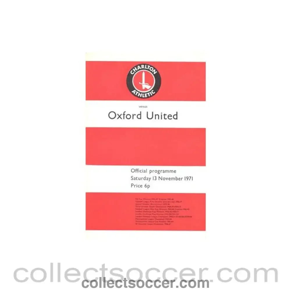 1971 - Charlton Athletic v Oxford United official programme 13/11/1971 Football League - Collect Soccer