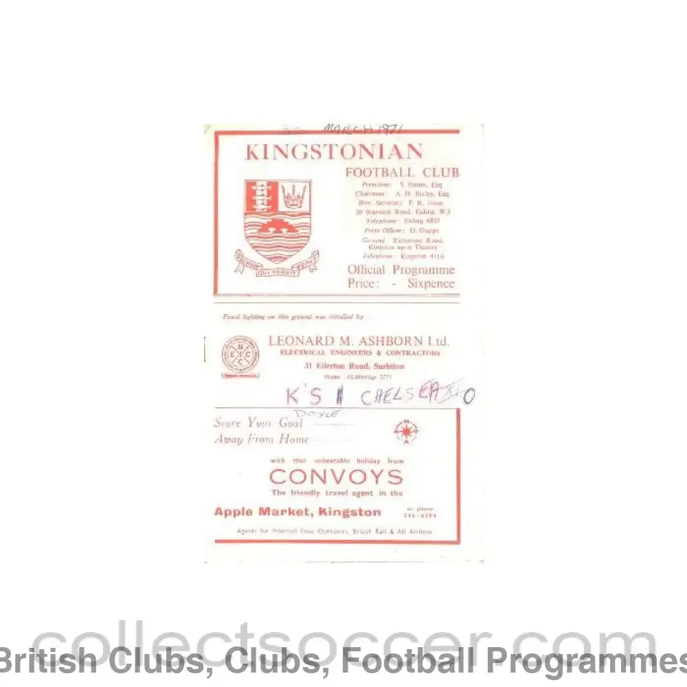 1971 - Kingstonian vChelsea official programme 30/03/1971