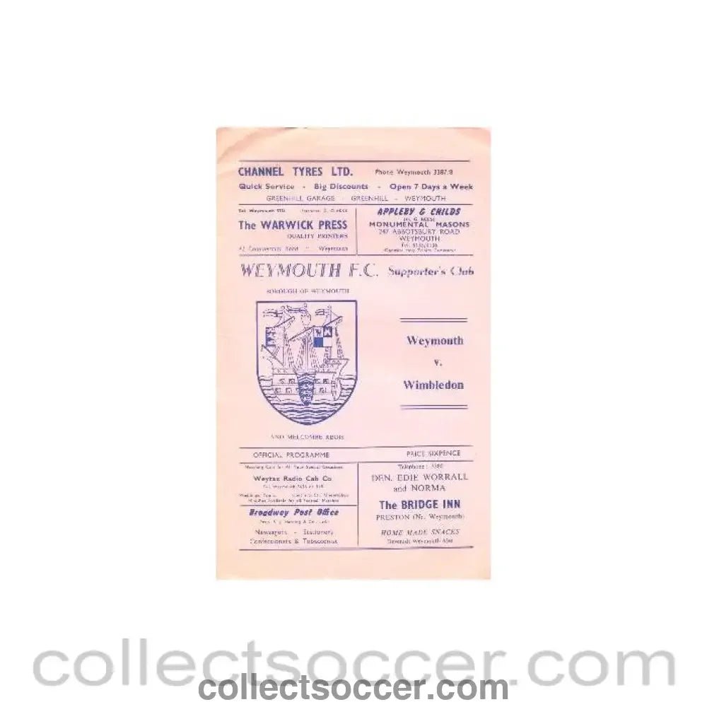 1971 - Weymouth v Wimbledon official programme 30/04/1971 - Collect Soccer