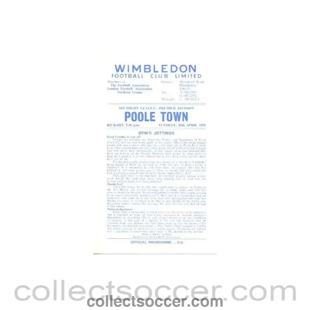 1971 - Wimbledon v Poole Town official programme 20/04/1971 - Collect Soccer