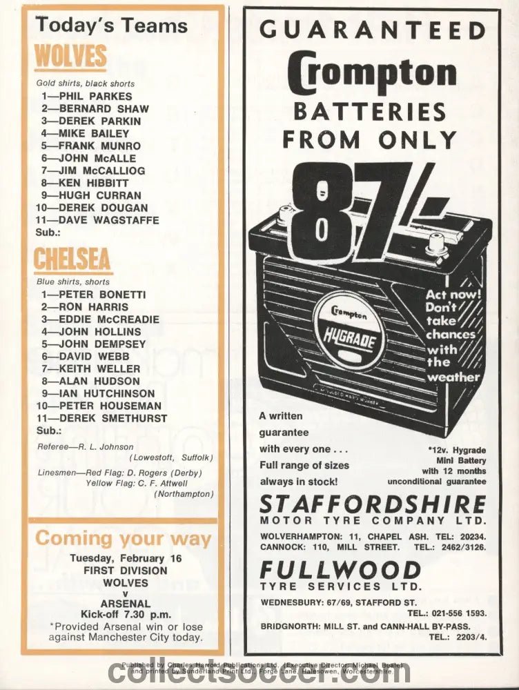 1971 Wolverhampton Wanderers v Chelsea official programme 13/02/1971 - Collect Soccer