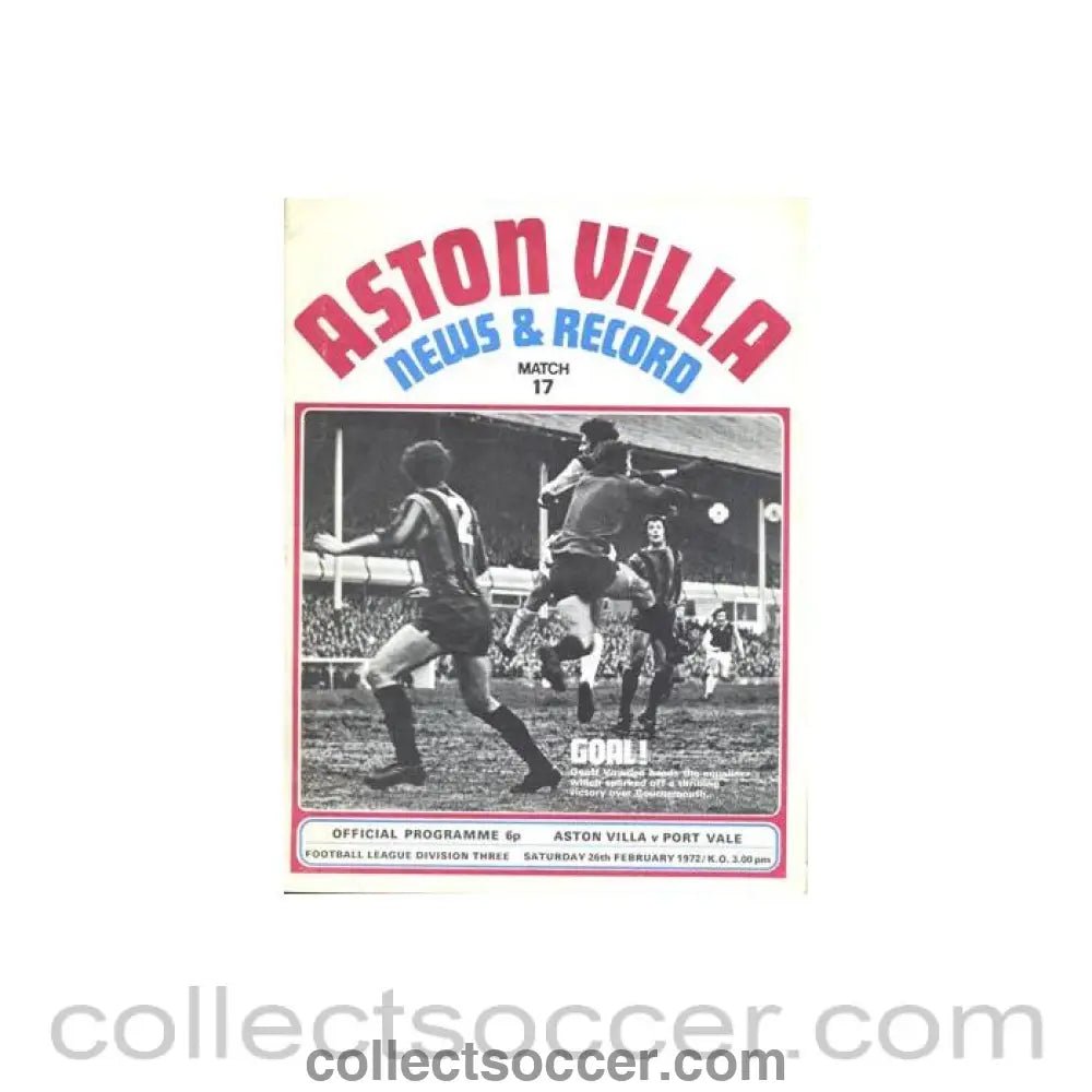 1972 - Aston Villa v Port Vale official programme 26/02/1972 Football League - Collect Soccer