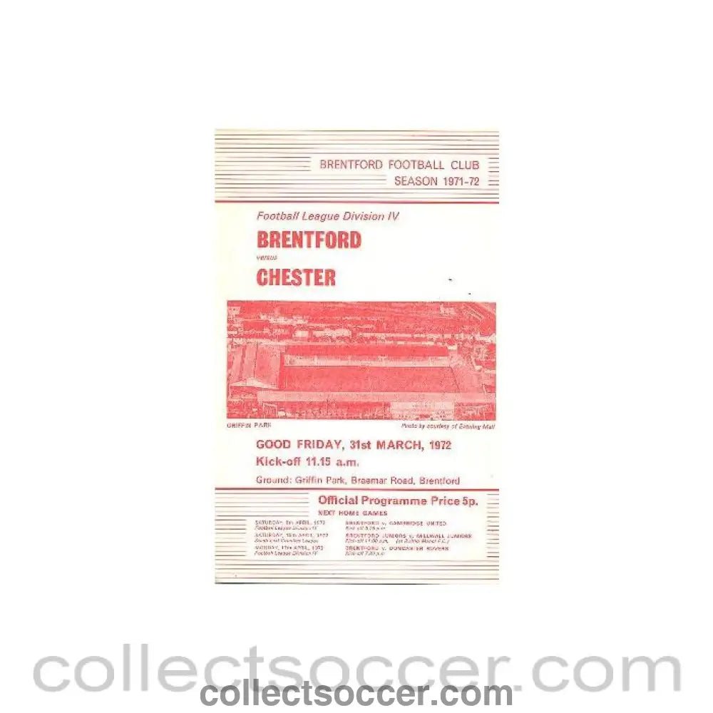 1972 - Brentford v Chester official programme 31/03/1972 Football League - Collect Soccer