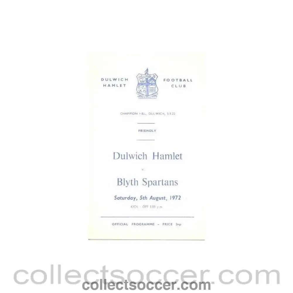 1972 - Dulwich Hamlet v Blyth Spartans official programme 05/08/1972 - Collect Soccer
