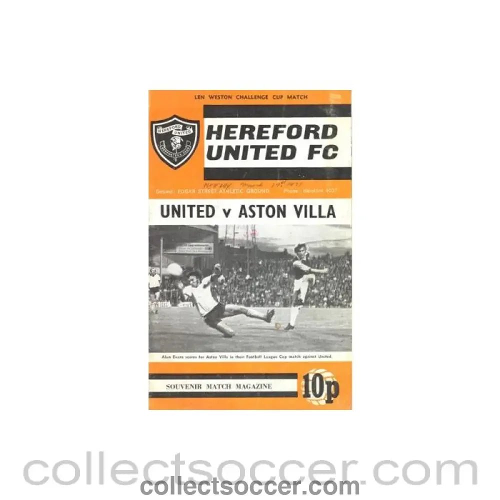 1972 - Hereford United v Aston Villa official programme 16/08/1972 Len Weston Challenge Cup - Collect Soccer