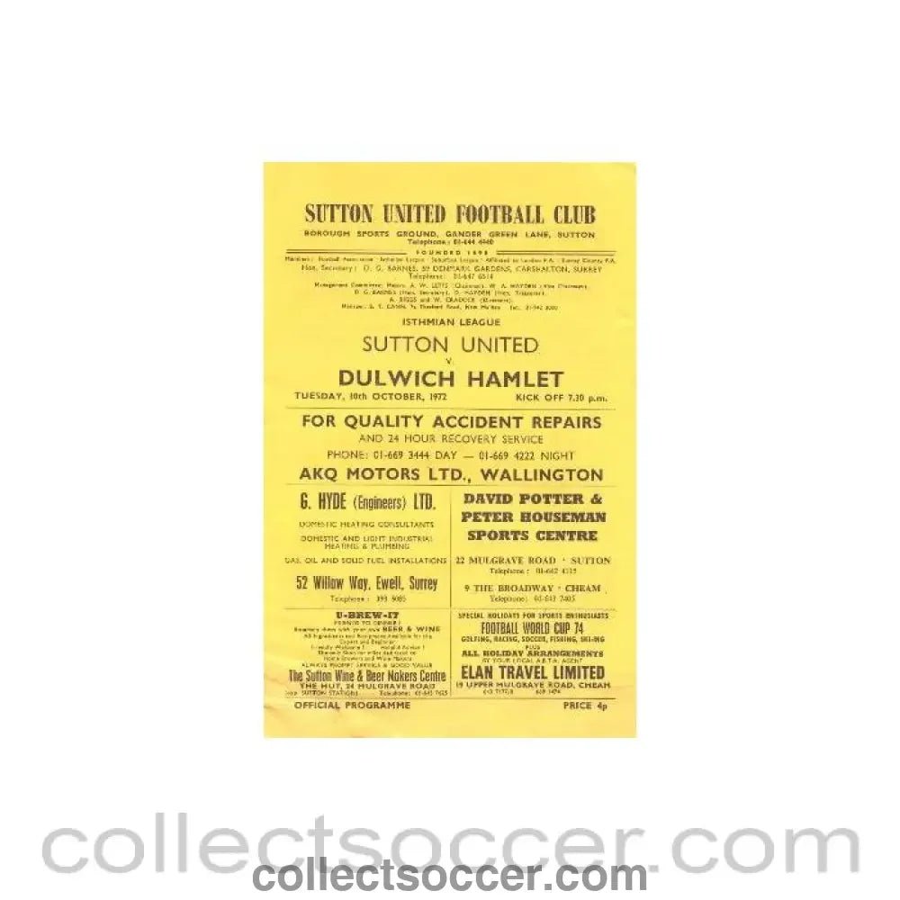1972 - Sutton United v Dulwich Hamlet official programme 10/10/1972 - Collect Soccer