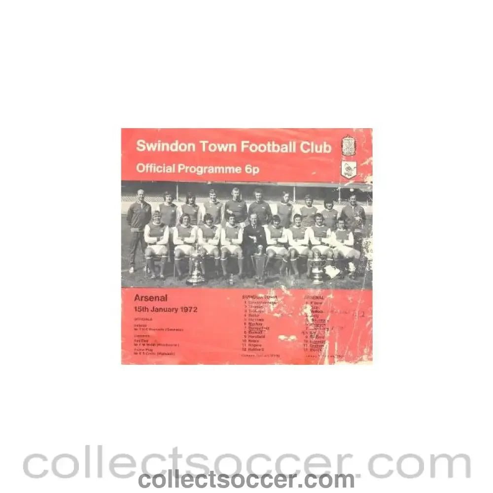 1972 - Swindon Town v Arsenal official programme 15/01/1972 - Collect Soccer