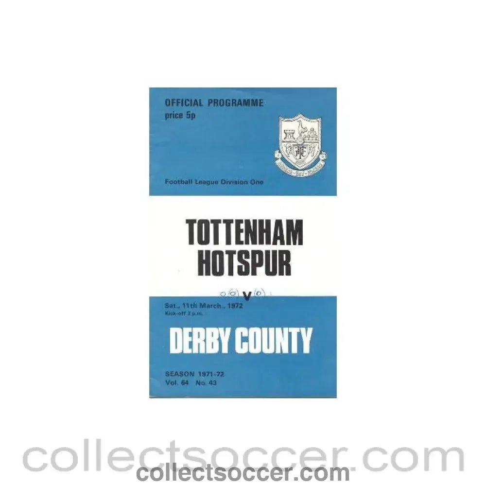1972 - Tottenham Hotspur v Derby County official programme 11/03/1972 Football League - Collect Soccer