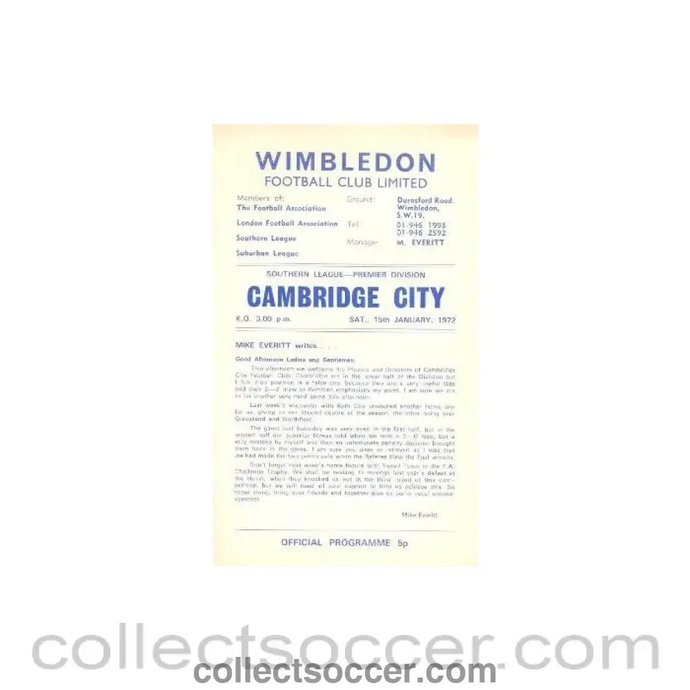 1972 - Wimbledon v Cambridge City official programme 15/01/1972 - Collect Soccer