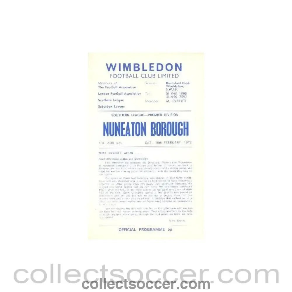 1972 - Wimbledon v Nuneaton Borough official programme 19/02/1972 - Collect Soccer