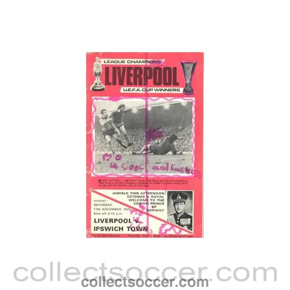 1973 - Liverpool v Ipswich Town official programme 17/11/1973 - Collect Soccer