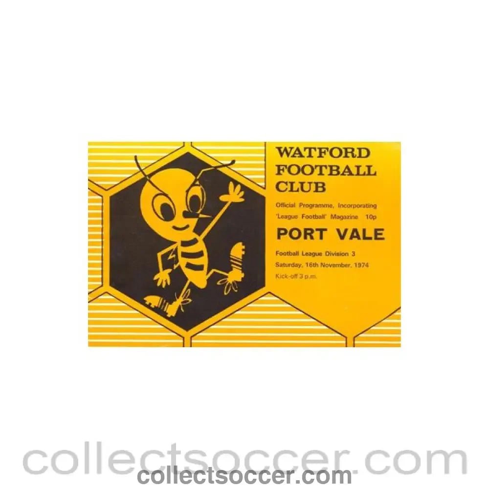 1974 - Watford v Port Vale official programme 16/11/1974 Football League Cup - Collect Soccer