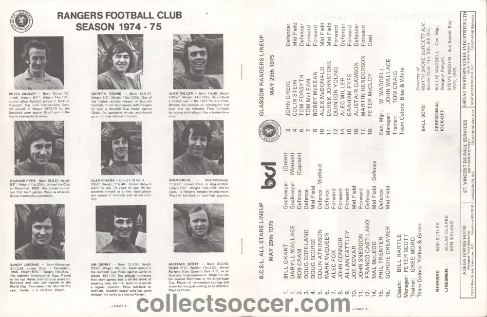 1975 British Columbia All Stars v Glasgow Rangers Official Programme