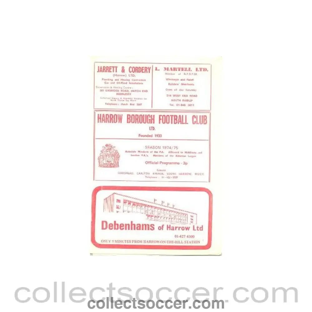 1975 - Harrow Borough v Willesden official programme 11/03/1975 - Collect Soccer