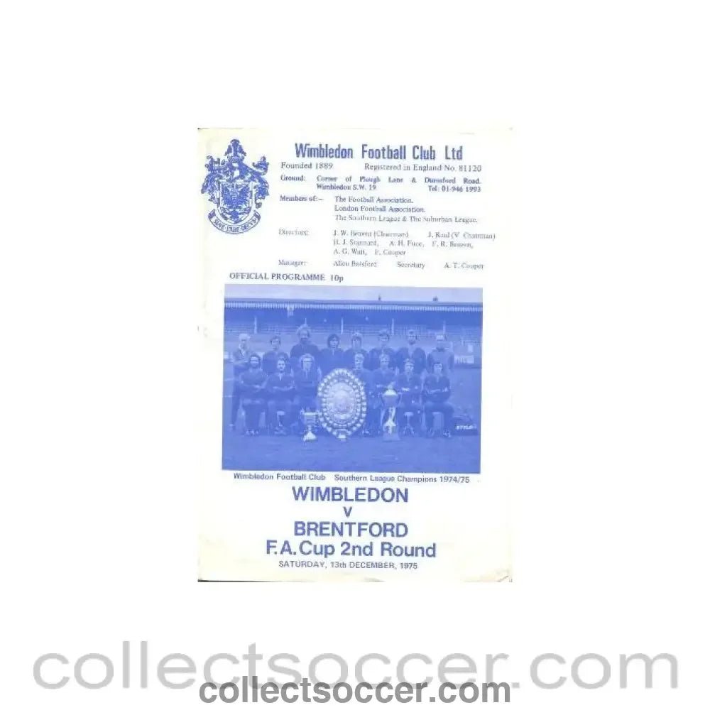 1975 - Wimbledon v Brentford official programme 13/12/1975 - Collect Soccer