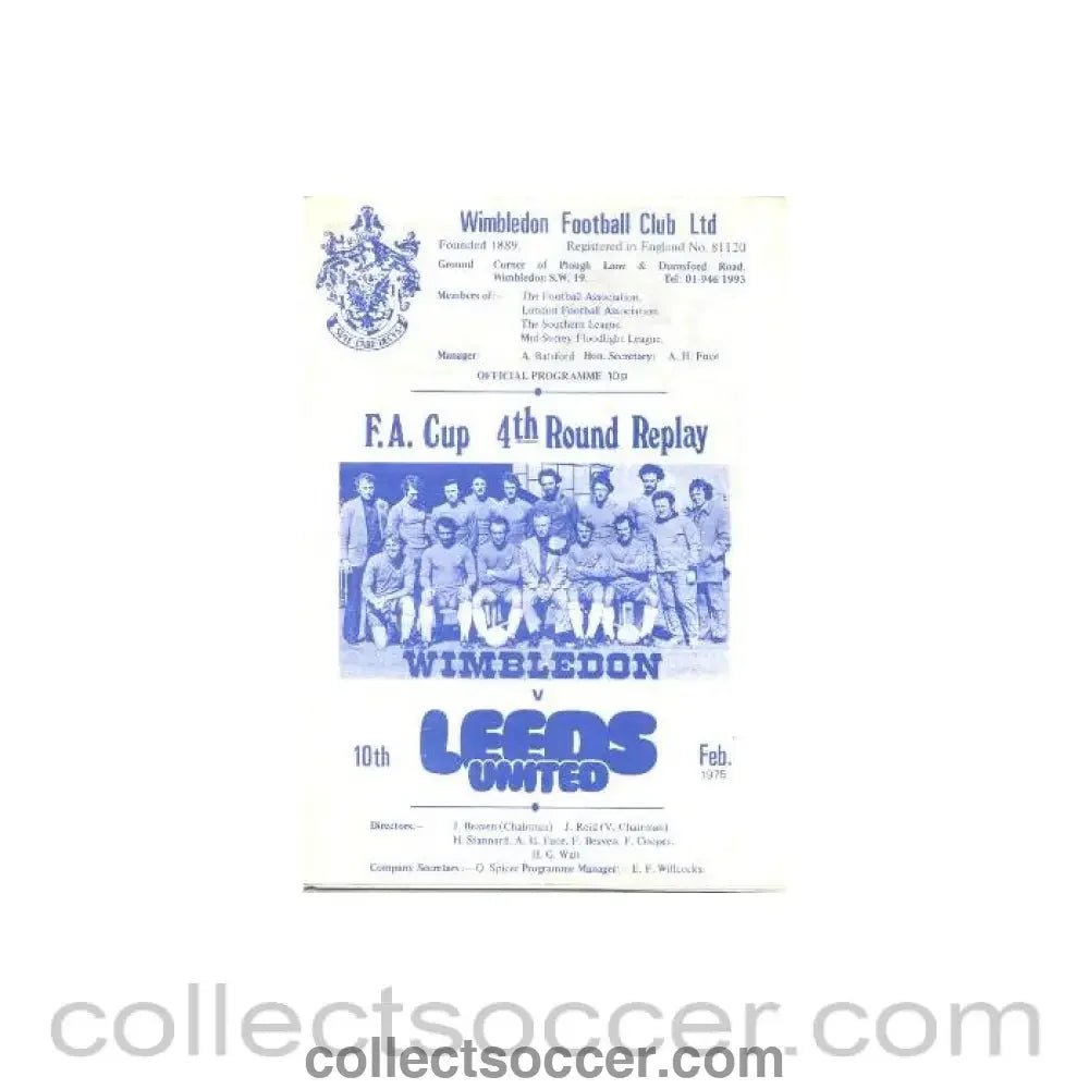 1975 - Wimbledon v Leeds United official programme 10/02/1975 - Collect Soccer