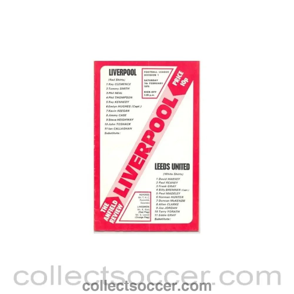 1976 - Liverpool v Leeds United official programme 07/02/1976 - Collect Soccer