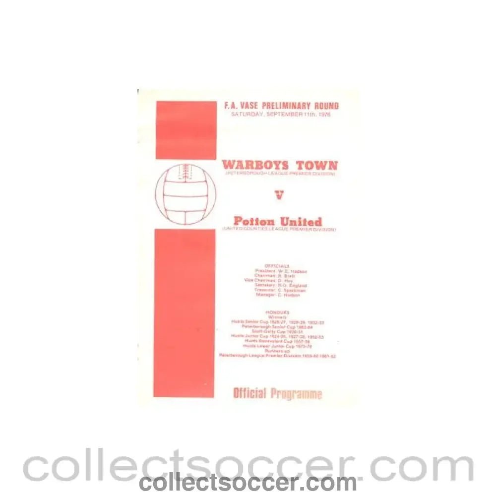 1976 - Warboys v Potton United official programme 11/09/1976 F.A. Vase - Collect Soccer
