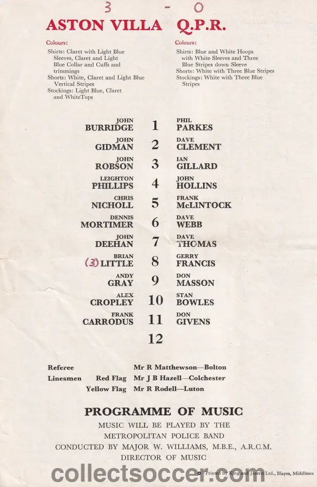 1977 At Arsenal Aston Villa V Queens Park Rangers League Cup Semi-Final Replay Programme