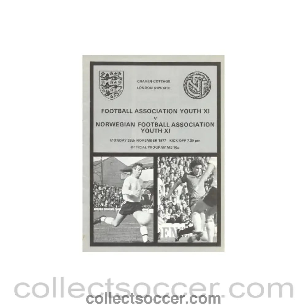 1977 - At Fulham - Football Association Youth XI v Norwegian Football Association Youth XI official programme 28/11/1977 - Collect Soccer