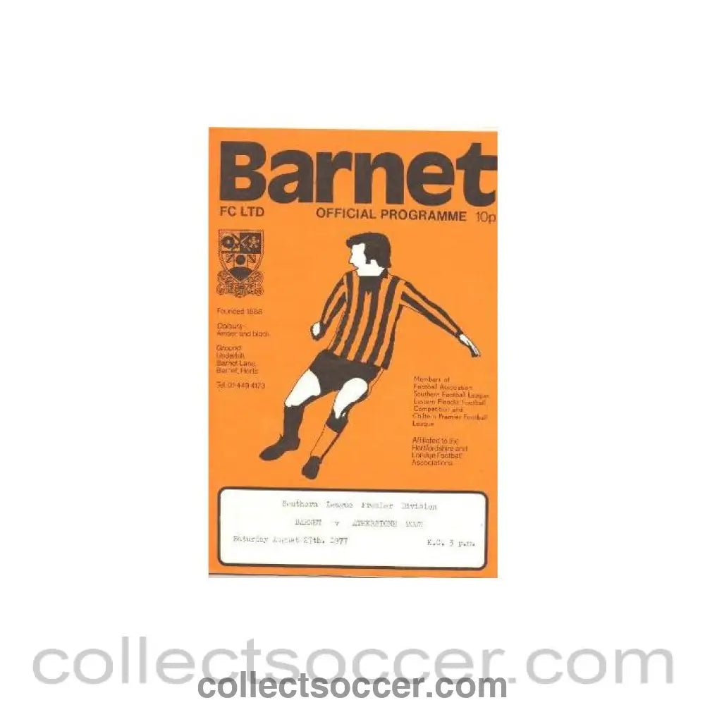 1977 - Barnet v Atherstone Town official programme 27/08/1977 - Collect Soccer