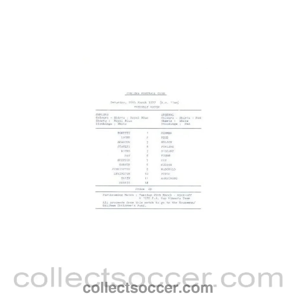 1977 - Chelsea v Arsenal official teamsheet 26/03/1977 friendly match - Collect Soccer