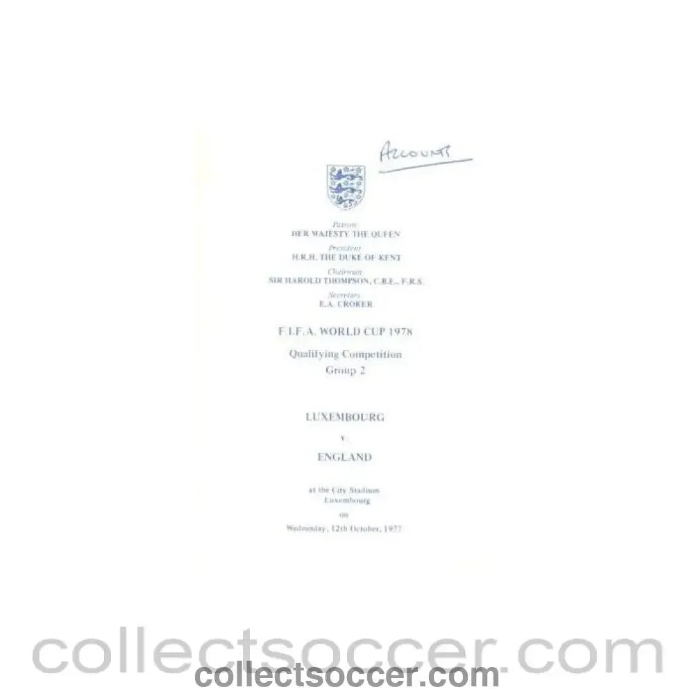 1977 - World Cup 1978 Qualifying Competition Group 2 table of Events Luxembourg v England 12/10/1977 - Collect Soccer