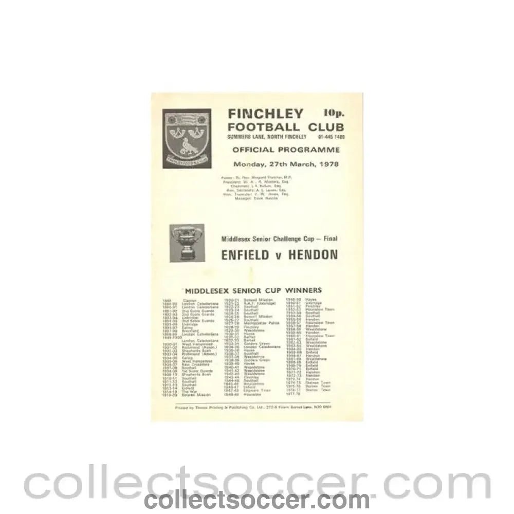 1978 - At Finchley - Enfield v Hendon official programme 27/03/1978 Middlesex Senior Challenge Cup Final - Collect Soccer