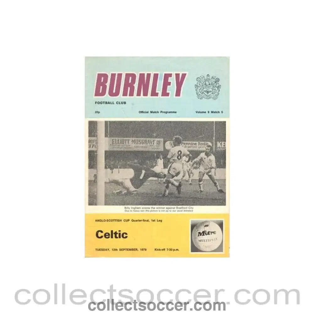 1978 - Burnley v Celtic official programme 12/09/1978 Anglo - Scottish Cup - Collect Soccer