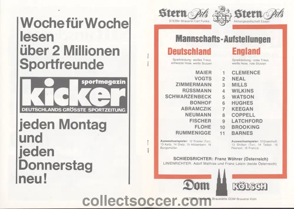 1978 Germany B v England B Official Programme - Collect Soccer