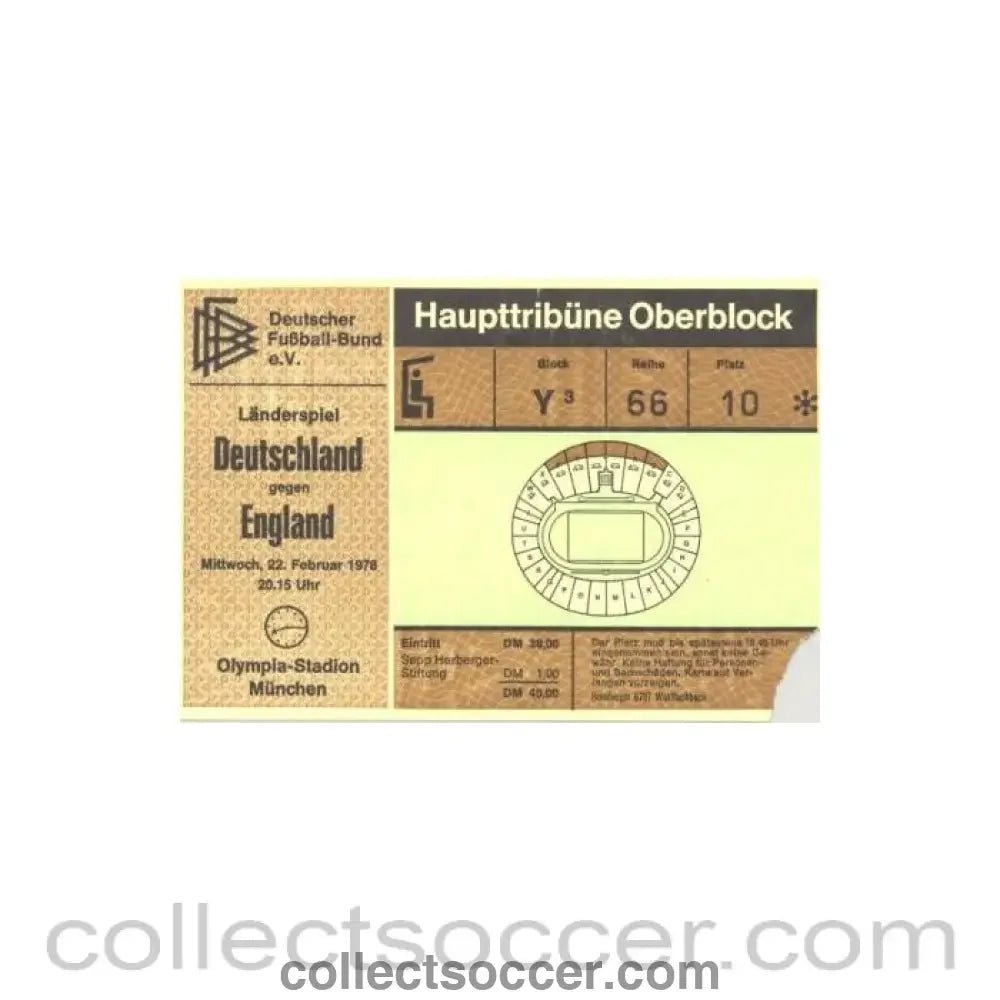 1978 - Germany v England ticket 22/02/1978 with a letter for delivering - Collect Soccer