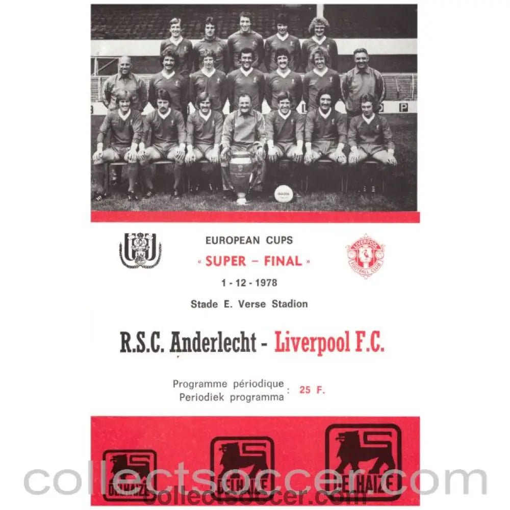 1978 Super Cup 1st Leg Official Programme Anderlecht v Liverpool - Collect Soccer