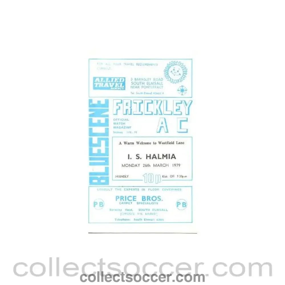 1979 - Frickley Athletic v Halmia Sweden official programme 26/03/1979 Friendly - Collect Soccer
