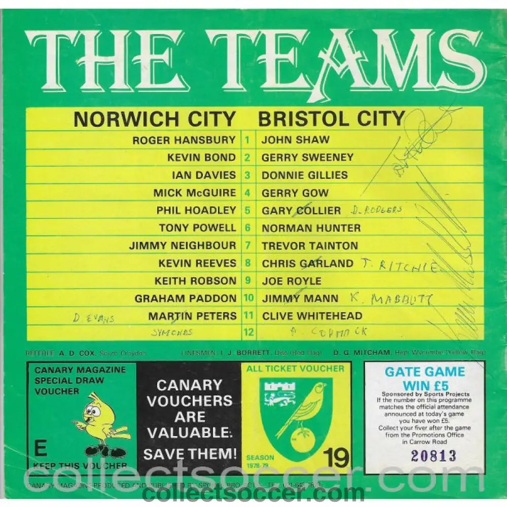 1979 Norwich City v Bristol City Football Programme - Autographed Bristol City Players - Collect Soccer