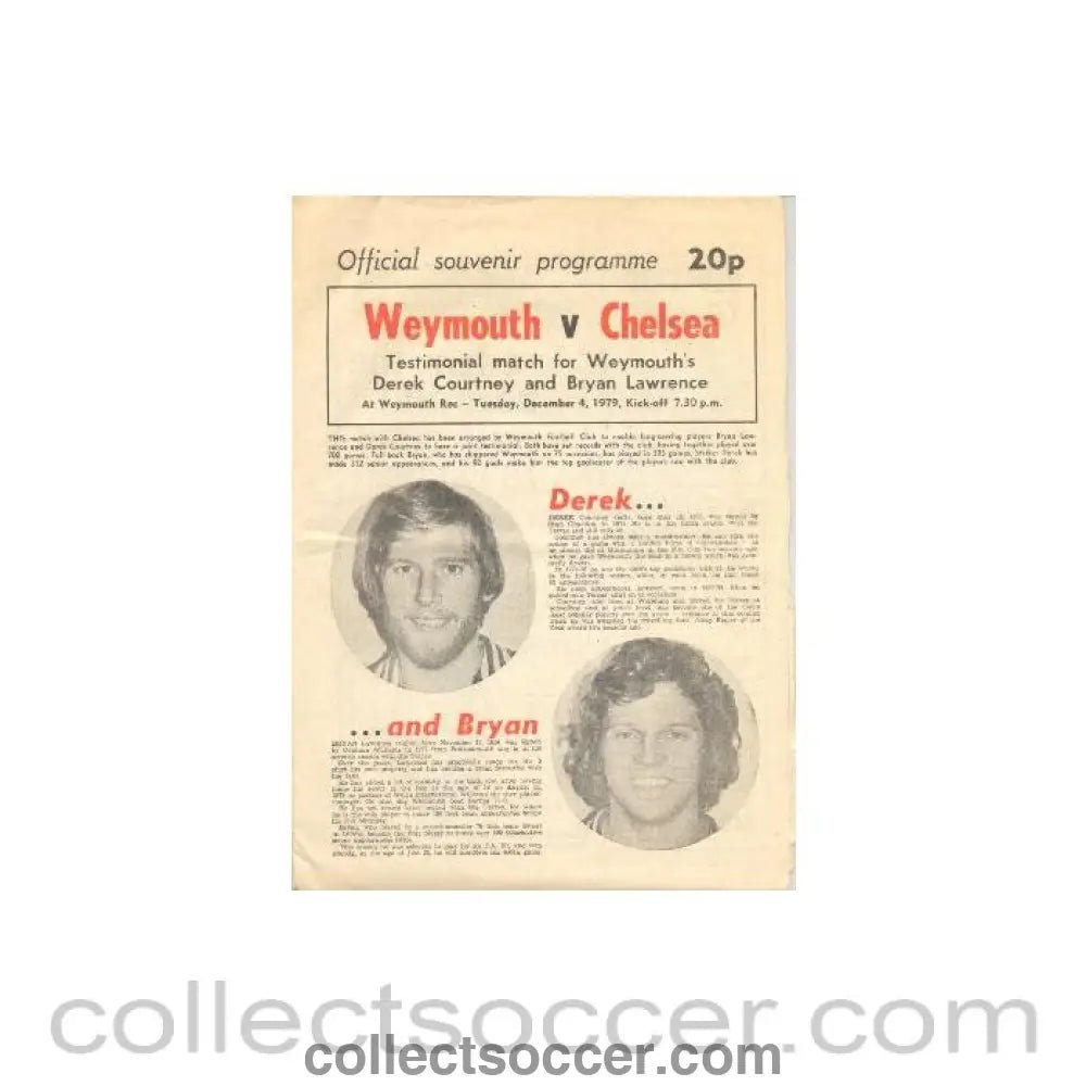 1979 - Weymouth v Chelsea official programme 04/12/1979 Testimonial match for Weymouth's Derek Courtney and Bryan Lawrence - Collect Soccer