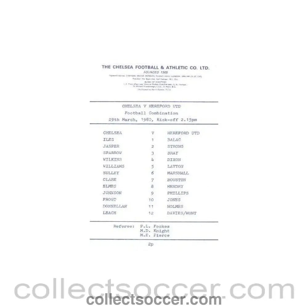 1980 - Chelsea v Hereford official programme 29/03/1980 Reserves - Collect Soccer