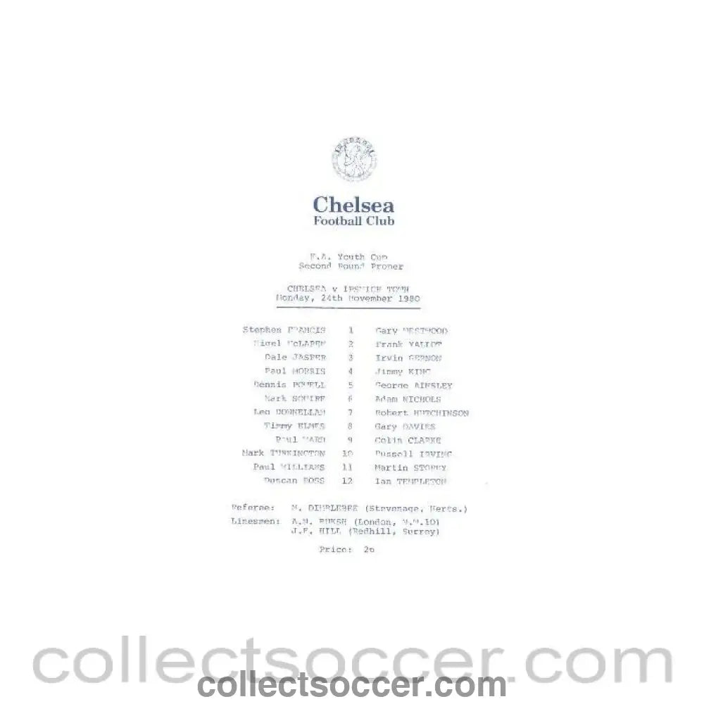 1980 - Chelsea v Ipswich Town official programme 24/11/1980 F.A. Youth Cup - Collect Soccer