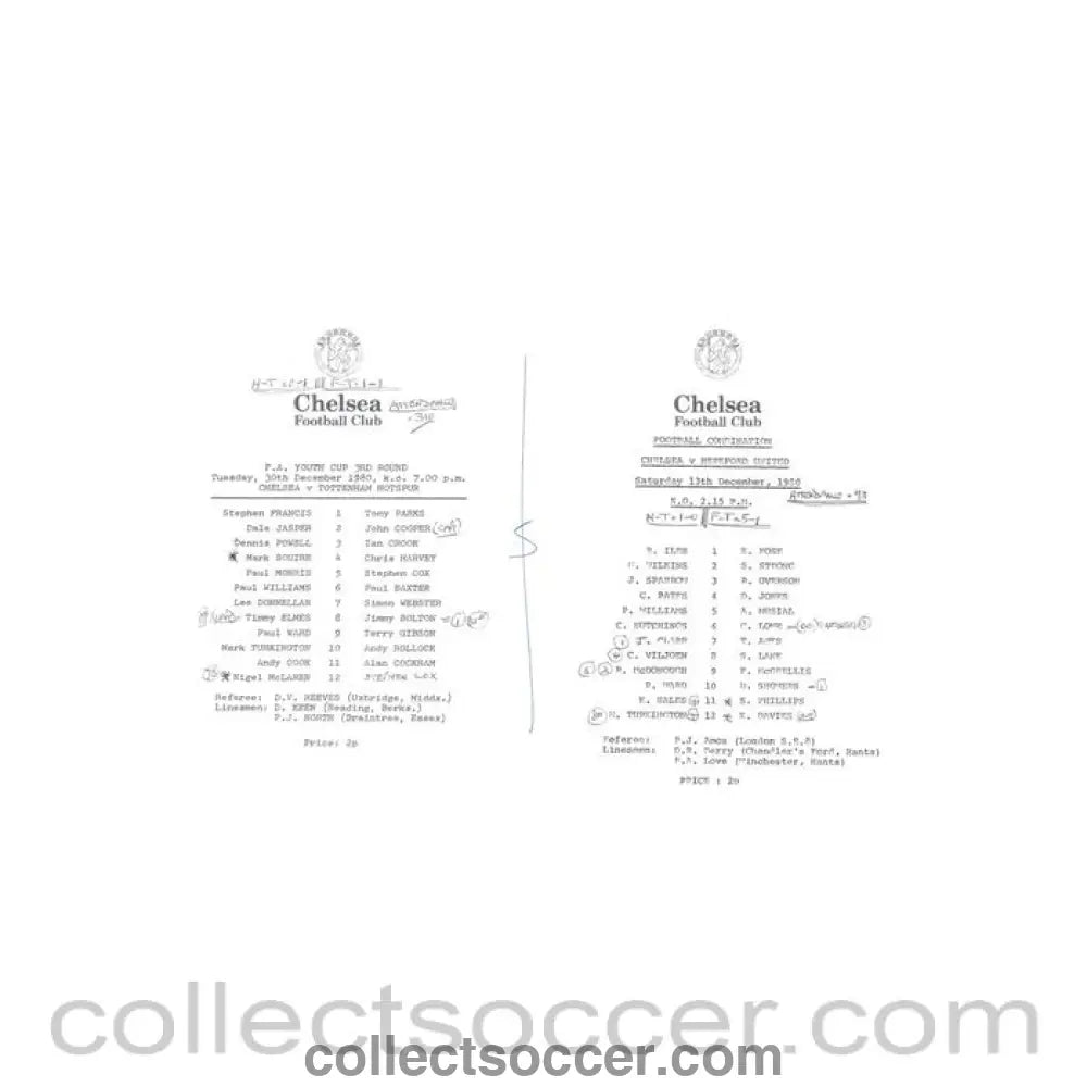 1980 - Chelsea v Tottenham Hotspur 30/12/1980 and Chelsea v Hereford 13/12/1980 Reserves official teamsheet Football Combination - Collect Soccer
