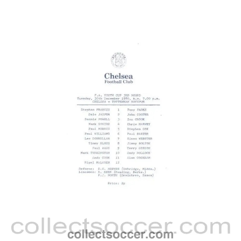 1980 - Chelsea v Tottenham Hotspur official programme 30/12/1980 Youth Cup