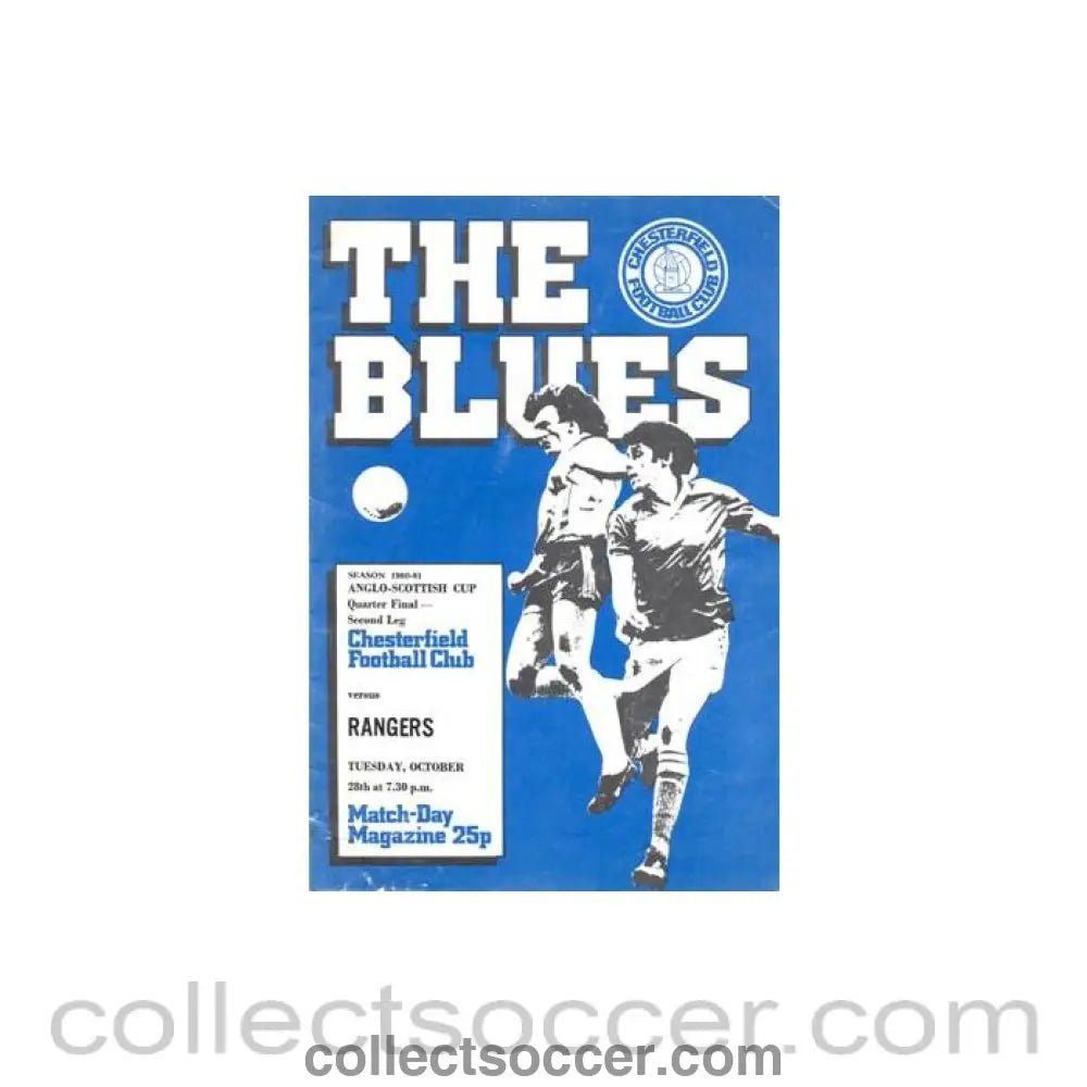 1980 - Chesterfield v Glasgow Rangers official programme 28/10/1980 Anglo - Scottish Cup Quarter - Final - Collect Soccer