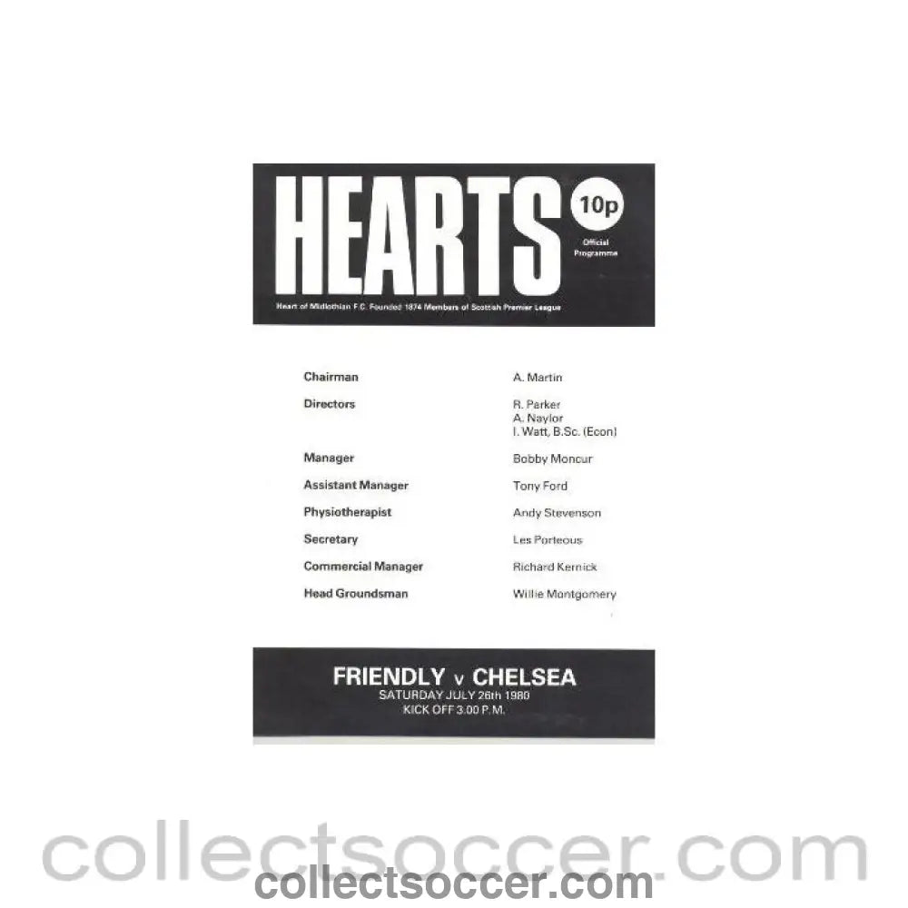 1980 - Heart of Midlothian vChelsea Friendly Match official programme 26/07/1980 - Collect Soccer