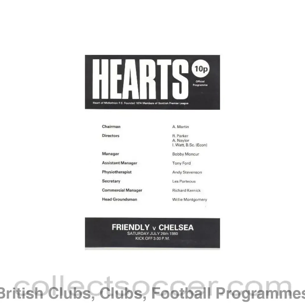 1980 - Heart of Midlothian vChelsea Friendly Match official programme 26/07/1980