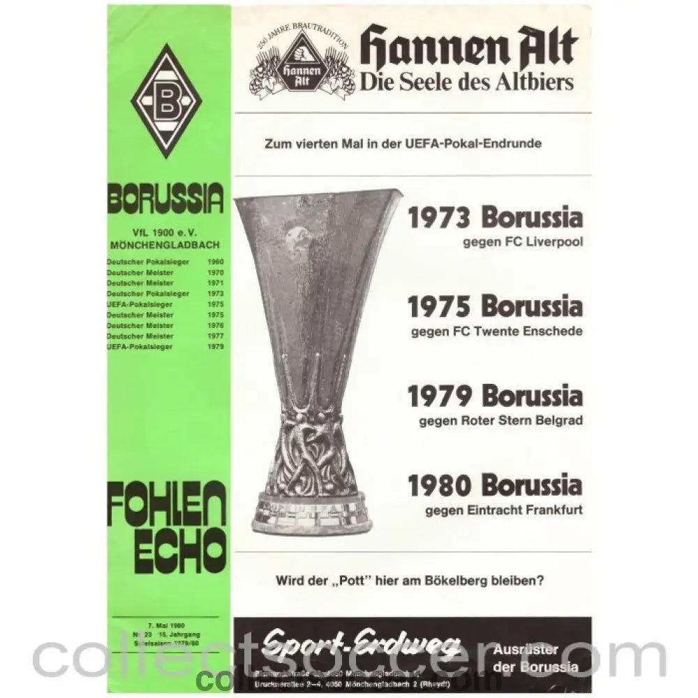 1980 UEFA Cup Final Official Programme Borussia Monchengladbach v Eintracht Frankfurt - Collect Soccer