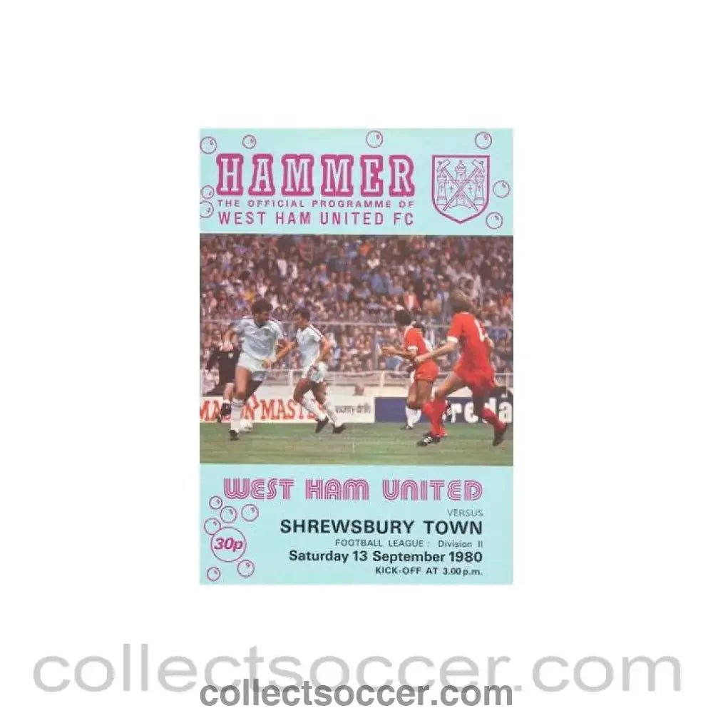 1980 - West Ham United v Shrewsbury Town official programme 13/09/1980 Football League - Collect Soccer