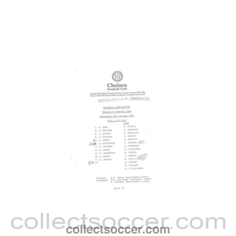 1981 - Chelsea v Ipswich Town Reserves official teamsheet 07/01/1981 Football Combination - Collect Soccer