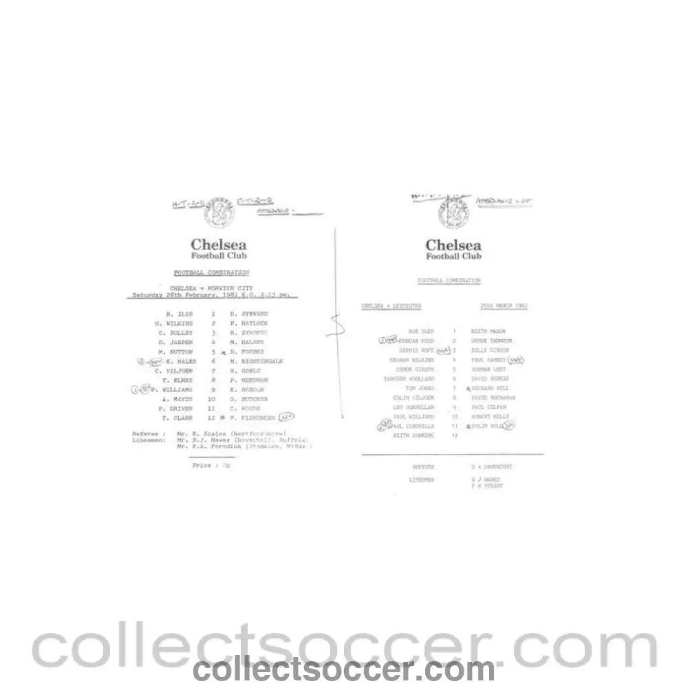 1981 - Chelsea v Norwich 28/02/1981 and Chelsea v Leicester 25/03/1982 Reserves official teamsheet Football Combination - Collect Soccer