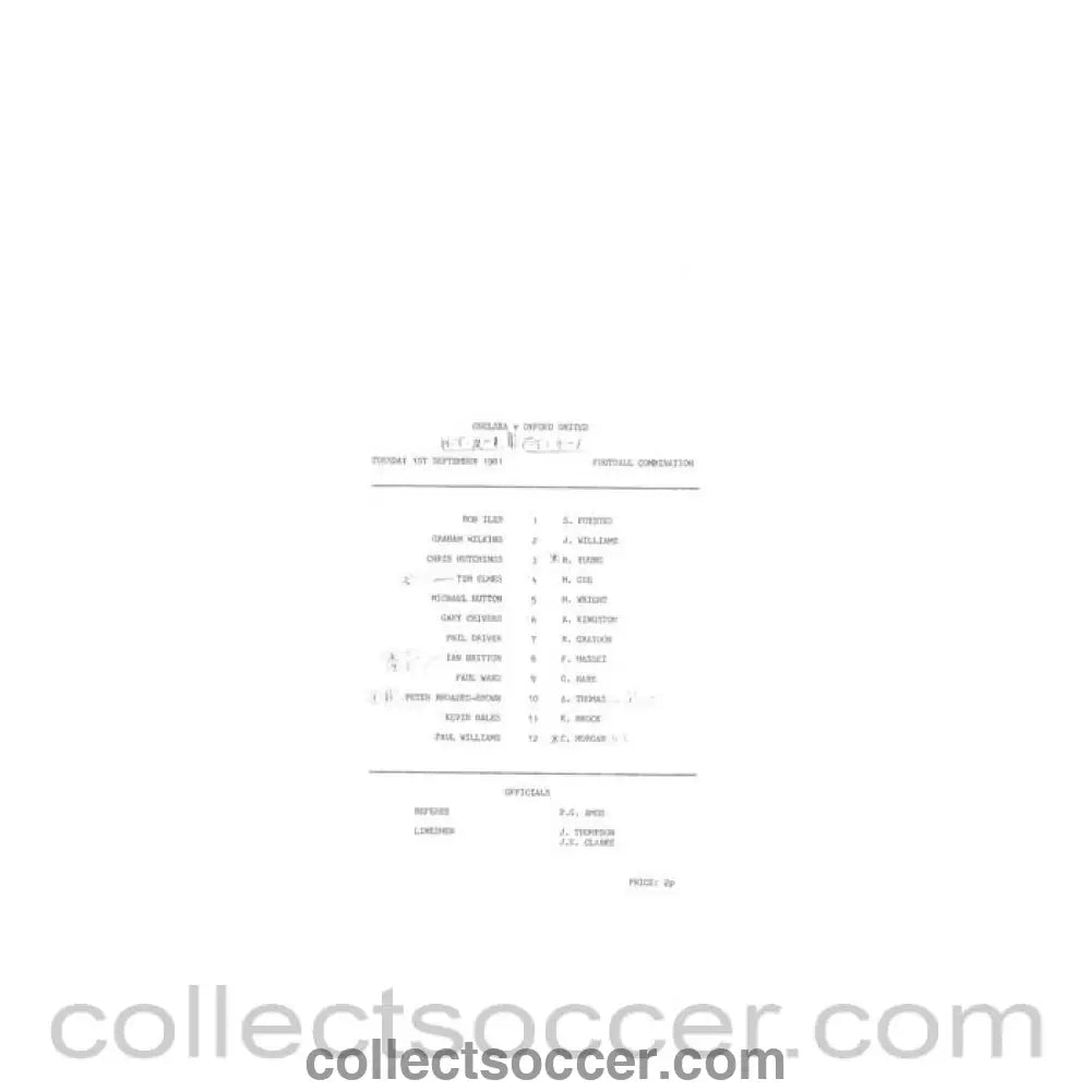 1981 - Chelsea v Oxford United Reserves official teamsheet 01/09/1981 Football Combination - Collect Soccer