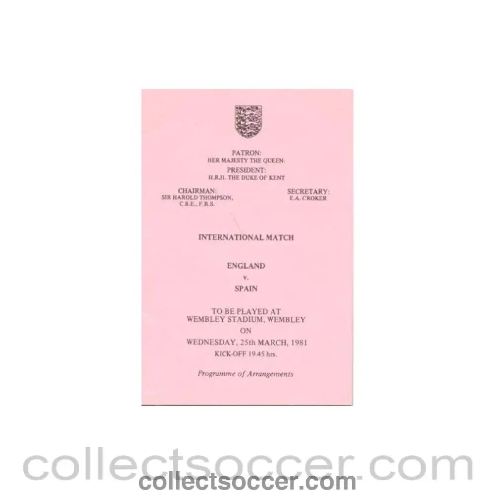 1981 England v Spain programme of arrangements Royal Box - Collect Soccer